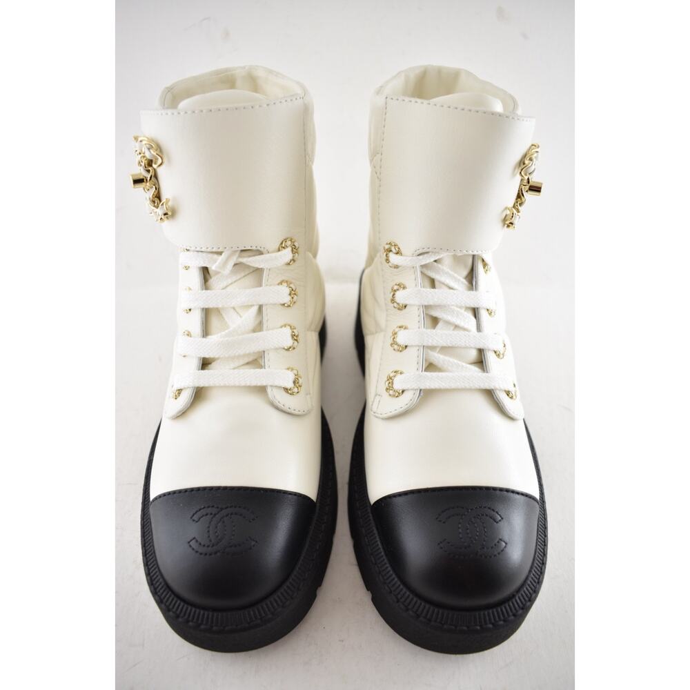 Chanel 24B White Quilt Gold CC Chain Combat Black Platform Ankle Short Boots 37c - Picture 11 of 16